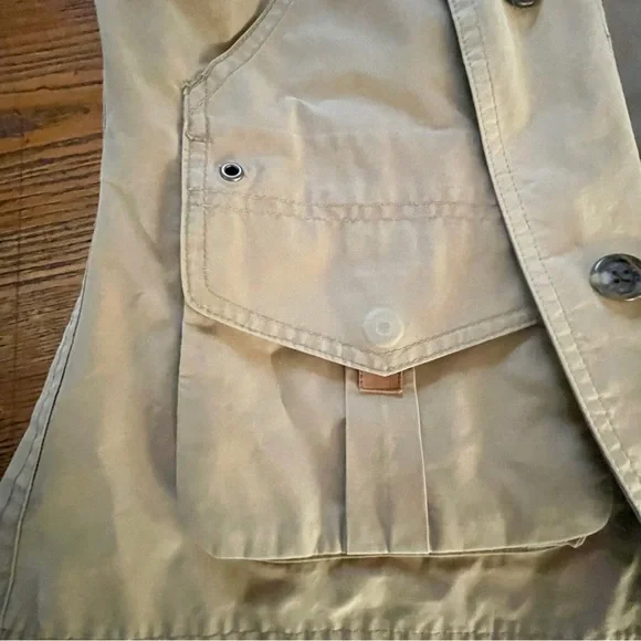 Womens Ralph Lauren Khaki VINTAGE  Outdoor Cotton Buttoned Vest Leather trim - Picture 4 of 9